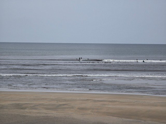 Longboarder riding a knee high glassy wave in front of the shop
